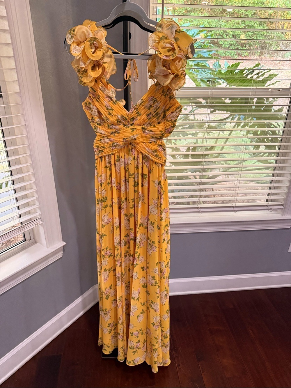 ANTONIO MELANI Yellow Floral Maxi Dress with Rosette Shoulders - Picture 6 of 8